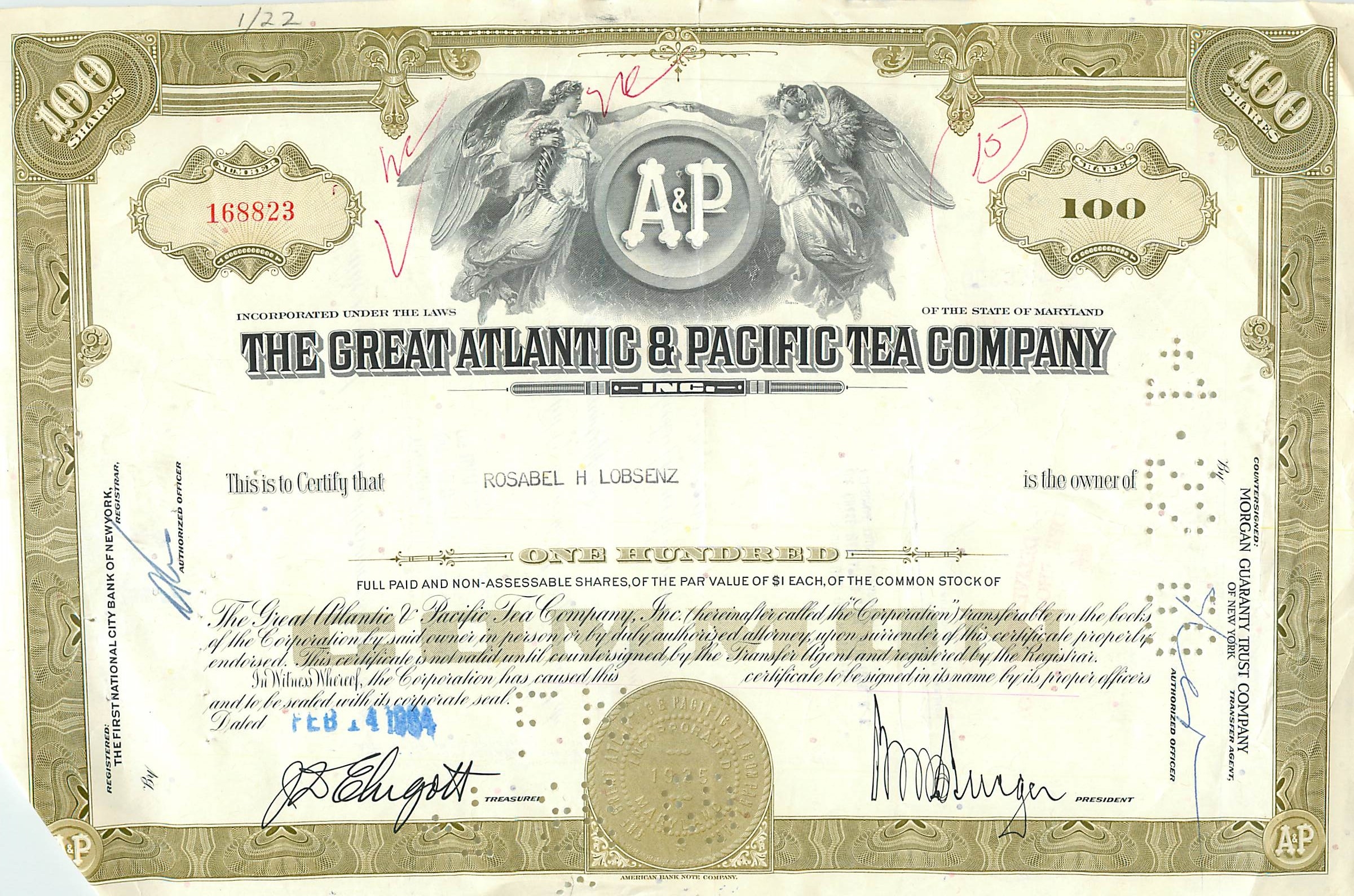 Action de la Great Atlantic & Pacific Tea Company — 100 actions — éditeur Morgan Guaranty Trust Company