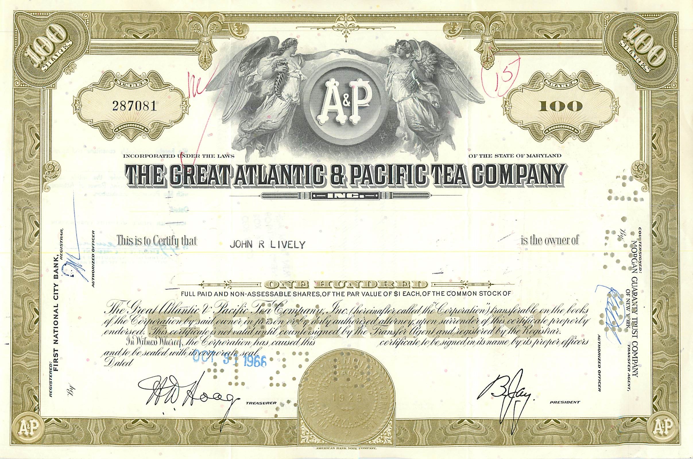 Aktienzertifikat von 100 Aktien der Great Atlantic & Pacific Tea Company — Verlag Morgan Guaranty Trust Company