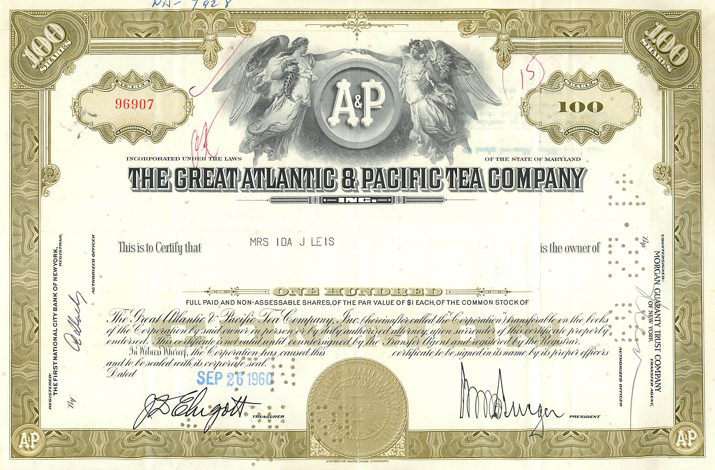 Certificat de 100 actions de la Great Atlantic & Pacific Tea Company — éditeur Morgan Guaranty Trust Company