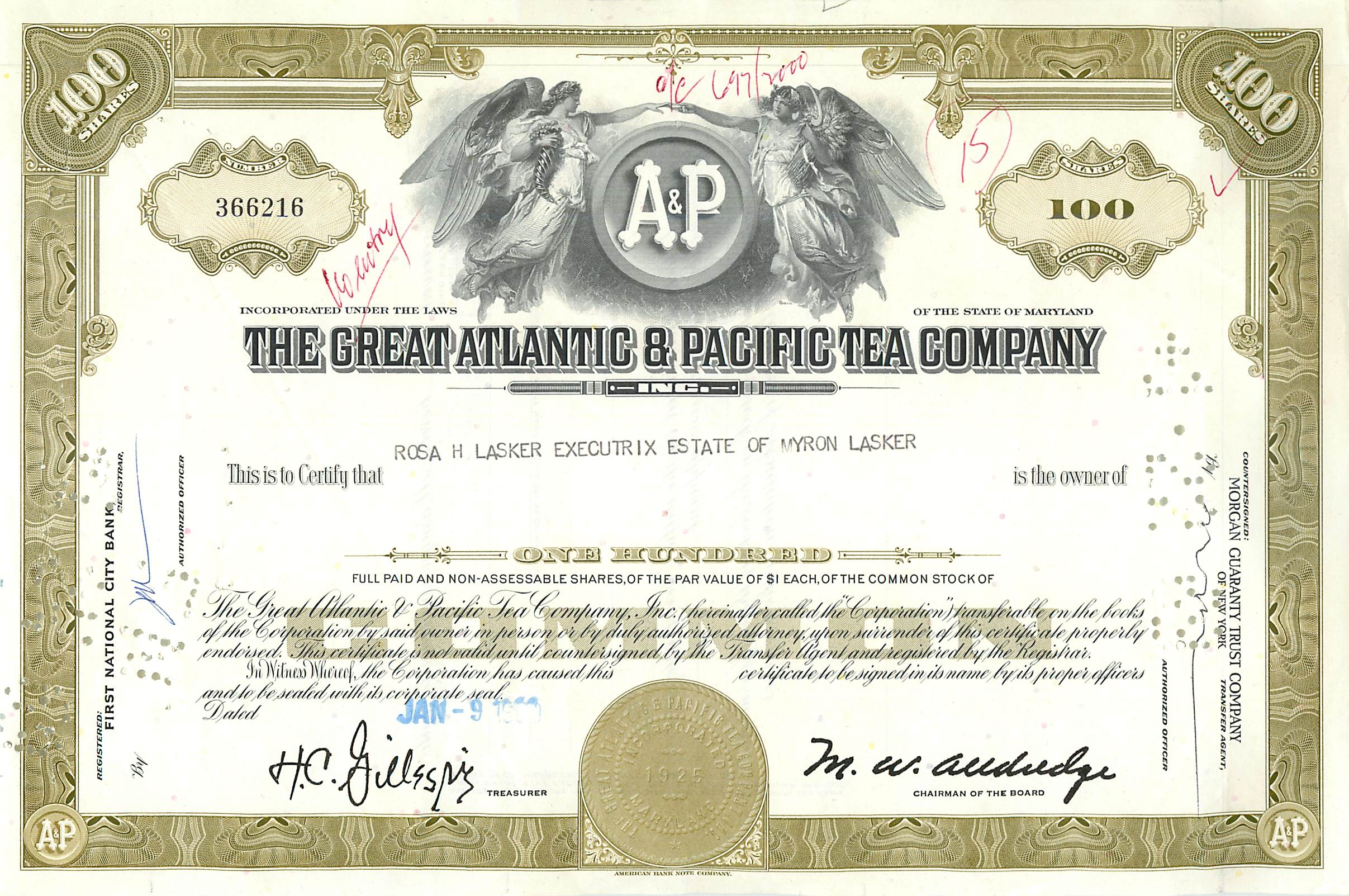 Certificado de 100 acciones de la Great Atlantic & Pacific Tea Company — editor Morgan Guaranty Trust Company