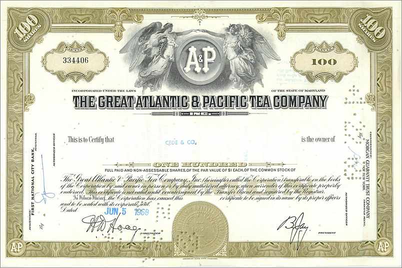 Certificat d'actions de la Great Atlantic & Pacific Tea Company — éditeur First National City Bank, n° 334406
