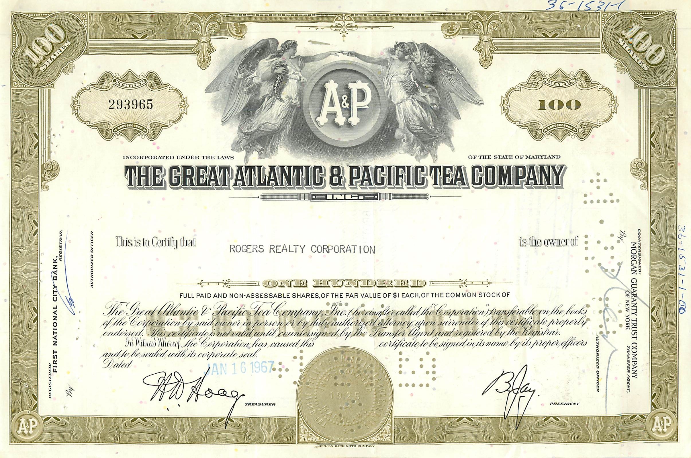 Azione della Great Atlantic & Pacific Tea Company — 100 azioni — editore Morgan Guaranty Trust Company