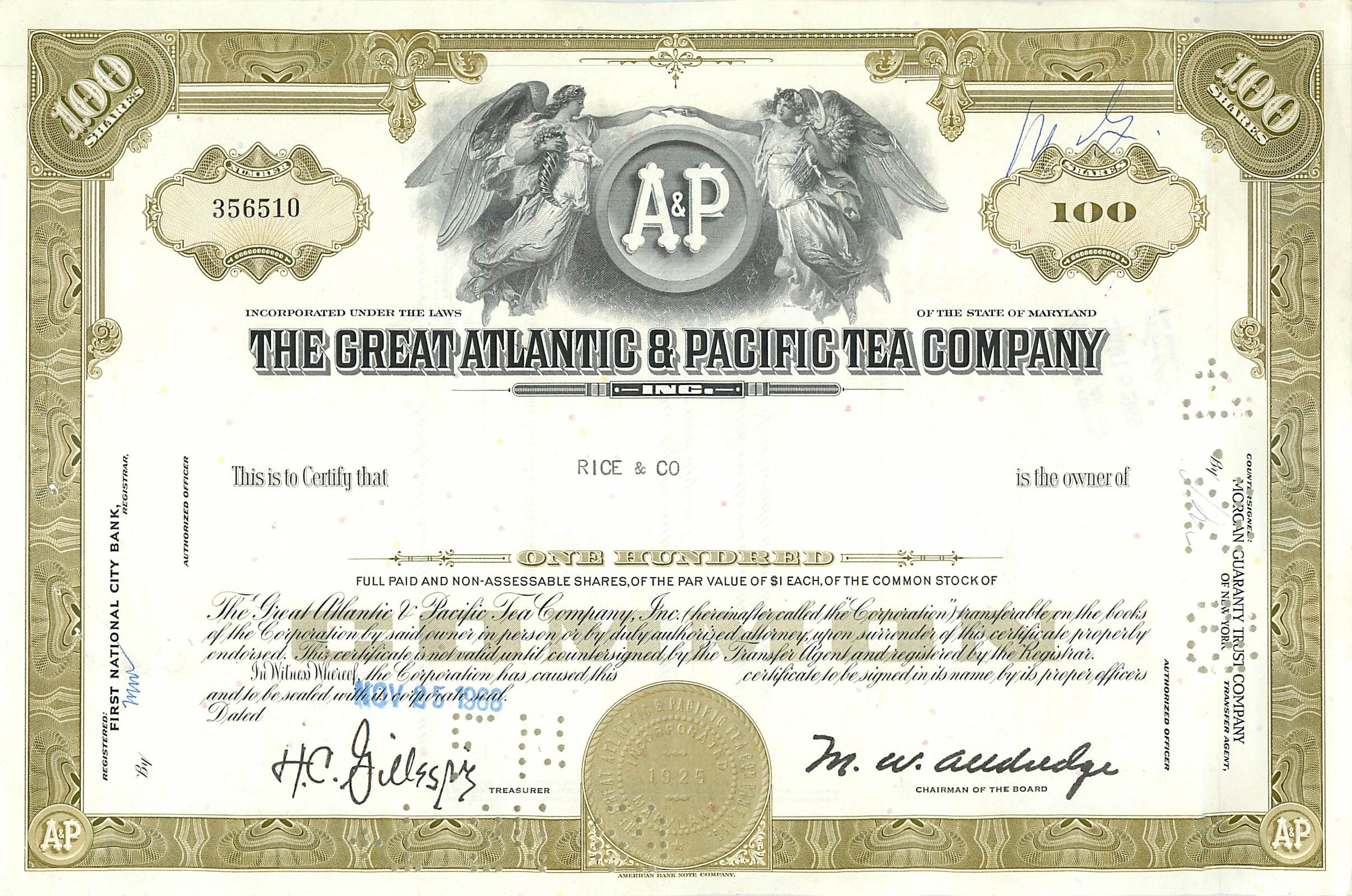 Azione della Great Atlantic & Pacific Tea Company — 100 azioni — editore American Bank Note Company