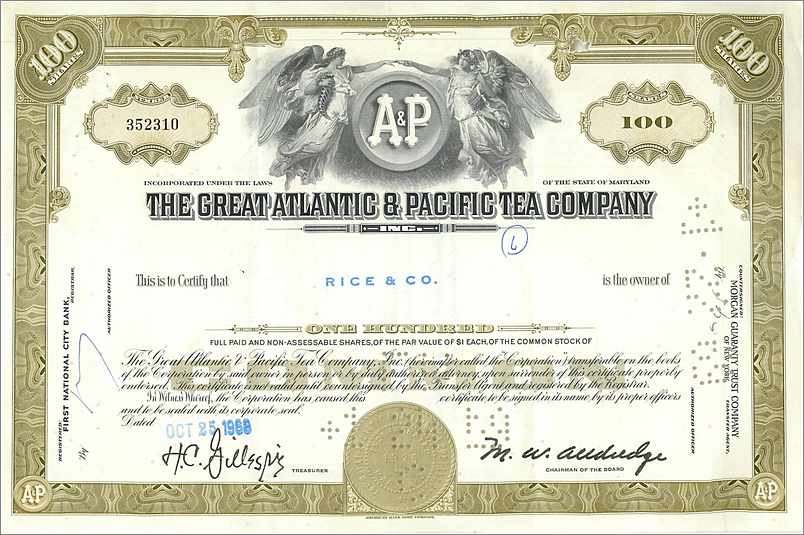 Certificat de 100 actions de la Great Atlantic & Pacific Tea Company — Rice & Co. — n° 352310