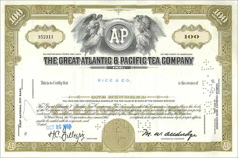 Cartolina d'epoca Cartolina d'epoca Azione della Great Atlantic & Pacific Tea Company — 100 azioni — editore First National City Bank