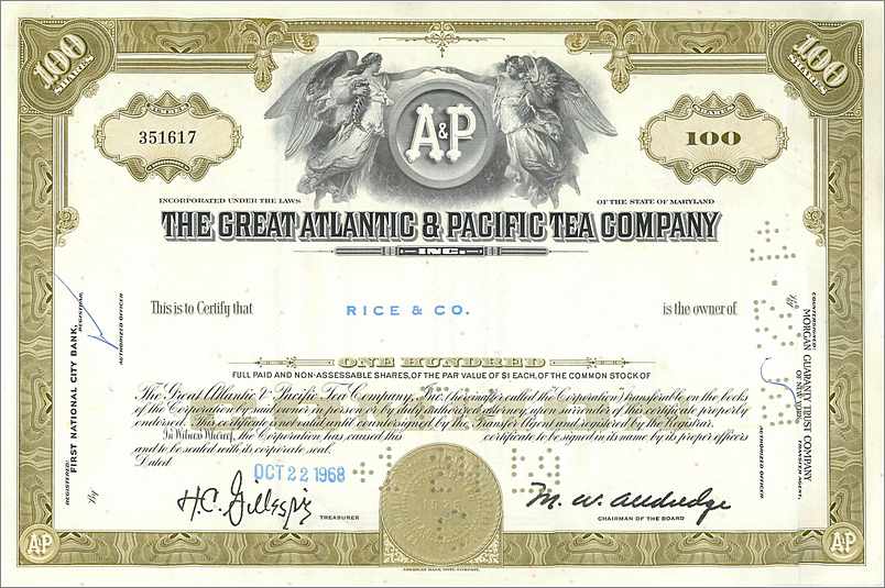Certificado de acciones de la Great Atlantic & Pacific Tea Company — n° 351617 — editor First National City Bank