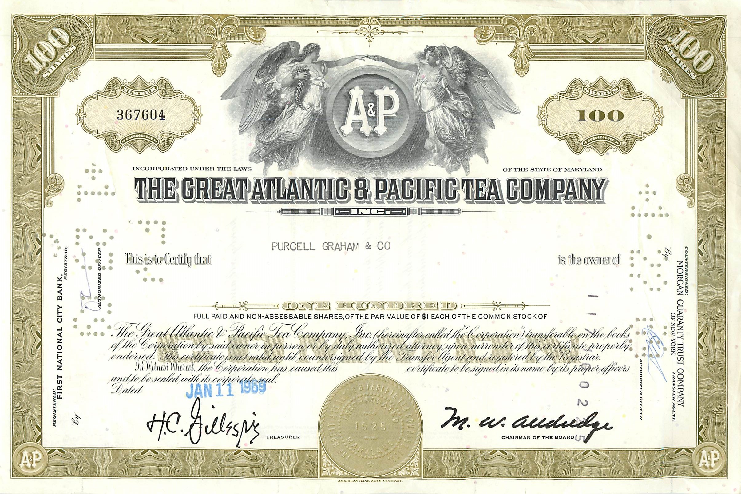 Acción de la Great Atlantic & Pacific Tea Company — 100 acciones — editor Morgan Guaranty Trust Company