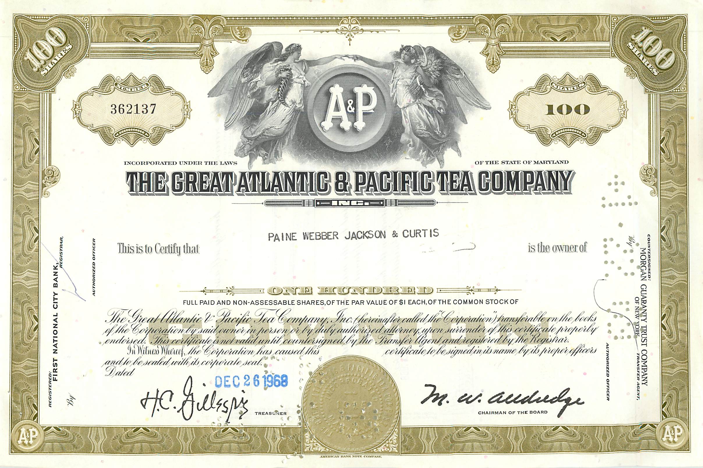 Certificato d'azioni della Great Atlantic & Pacific Tea Company — 100 azioni — editore Morgan Guaranty Trust Company