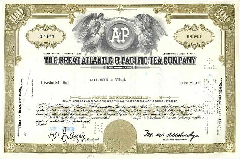 Acción de la Great Atlantic & Pacific Tea Company — 100 acciones — editor First National City Bank