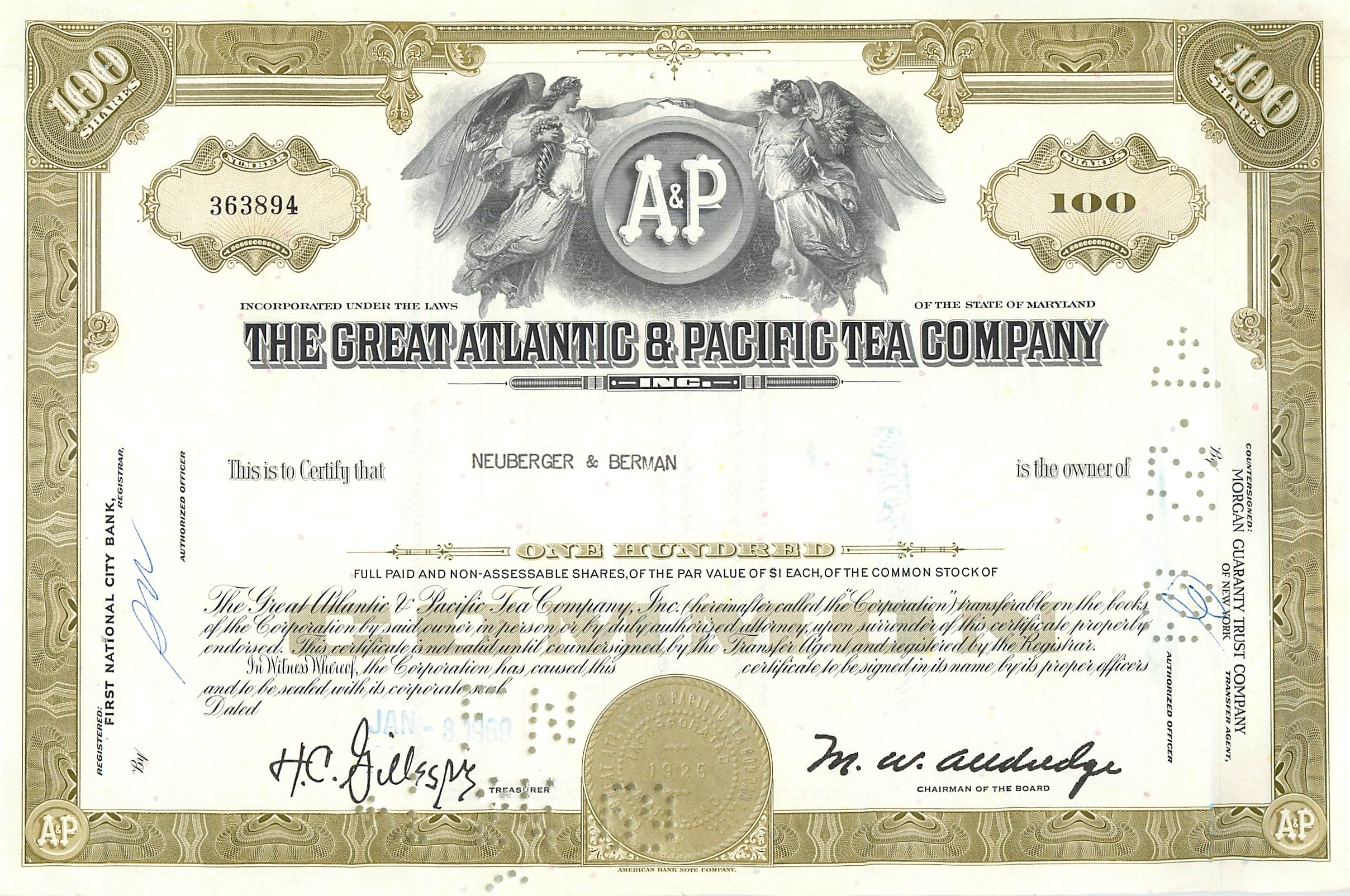 Azione della Great Atlantic & Pacific Tea Company — 100 azioni — editore American Bank Note Company