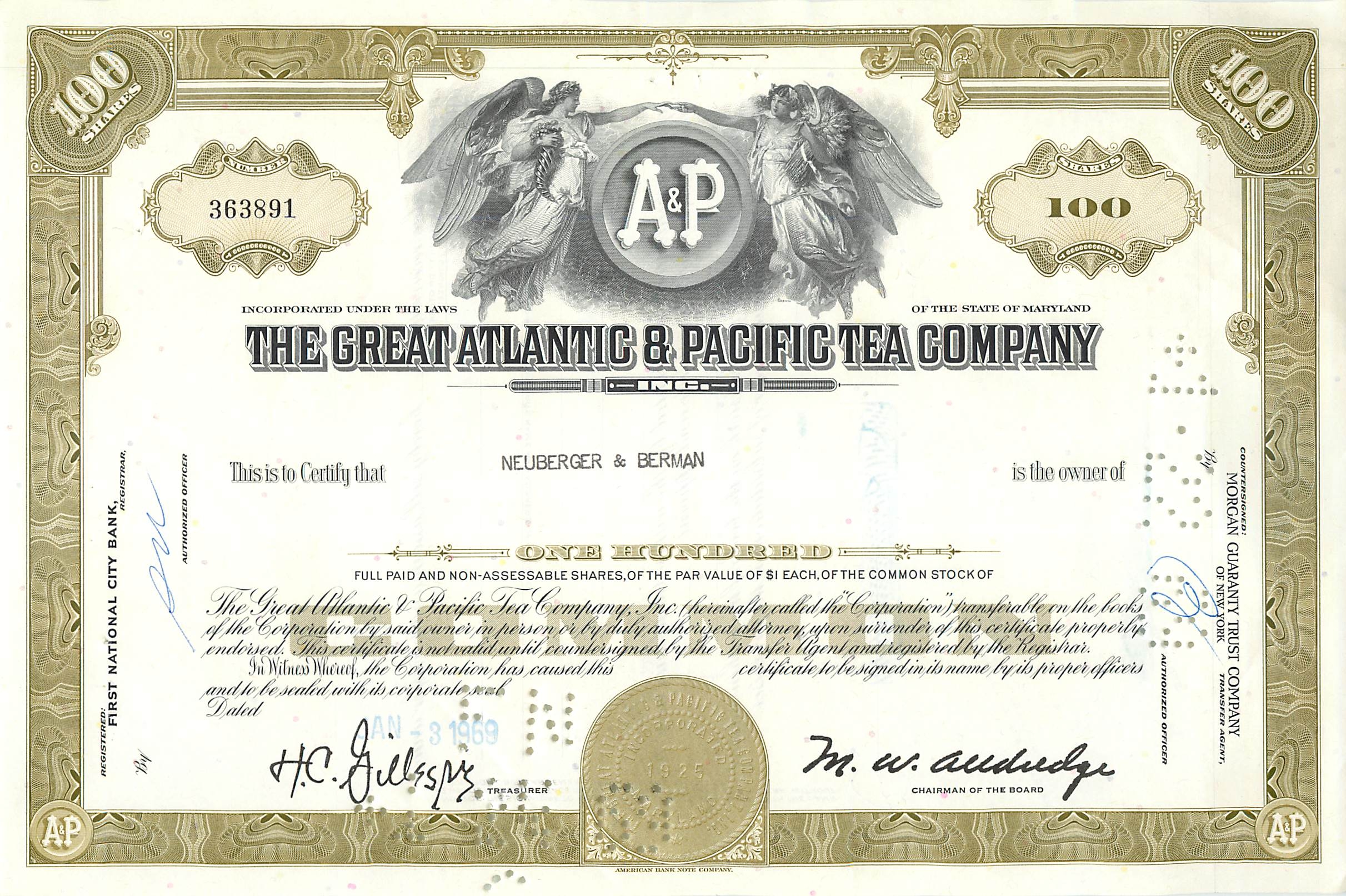 Certificato di 100 azioni della Great Atlantic & Pacific Tea Company — editore Morgan Guaranty Trust Company