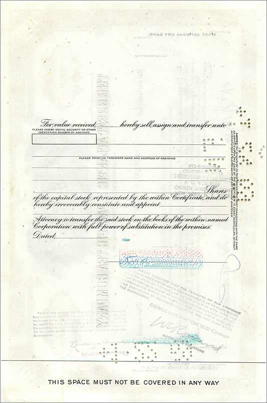 Certificato di 100 azioni della Great Atlantic & Pacific Tea Company — editore Morgan Guaranty Trust Company — Verso