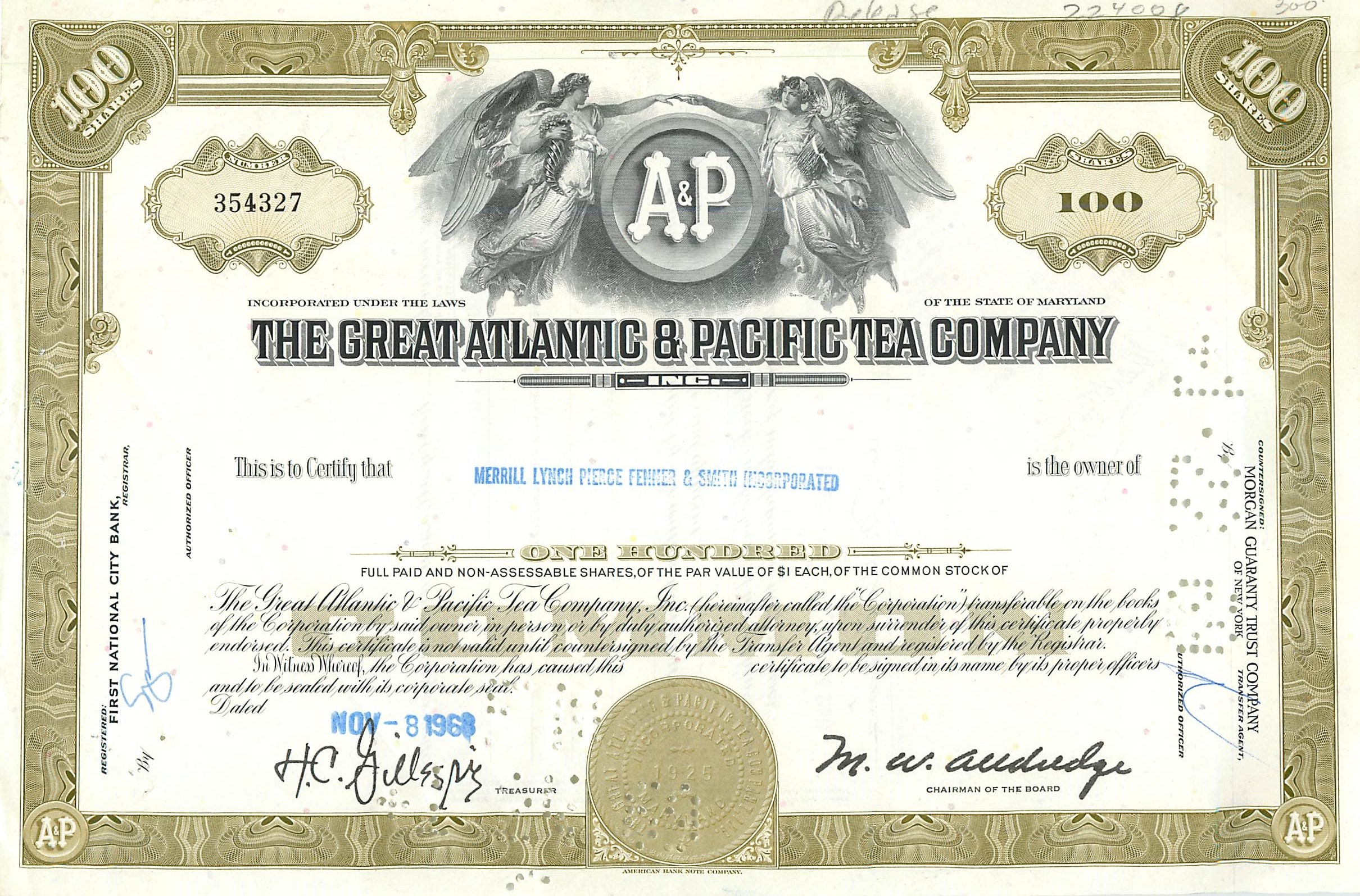 Action de la Great Atlantic & Pacific Tea Company — 100 actions — éditeur Morgan Guaranty Trust Company