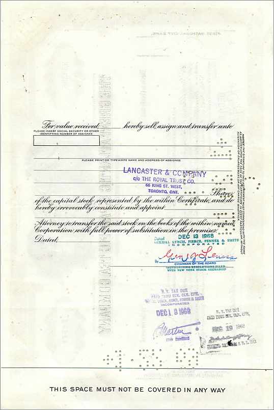 Certificat de 100 actions de la Great Atlantic & Pacific Tea Company — éditeur Merrill Lynch Pierce Fenner & Smith — Verso