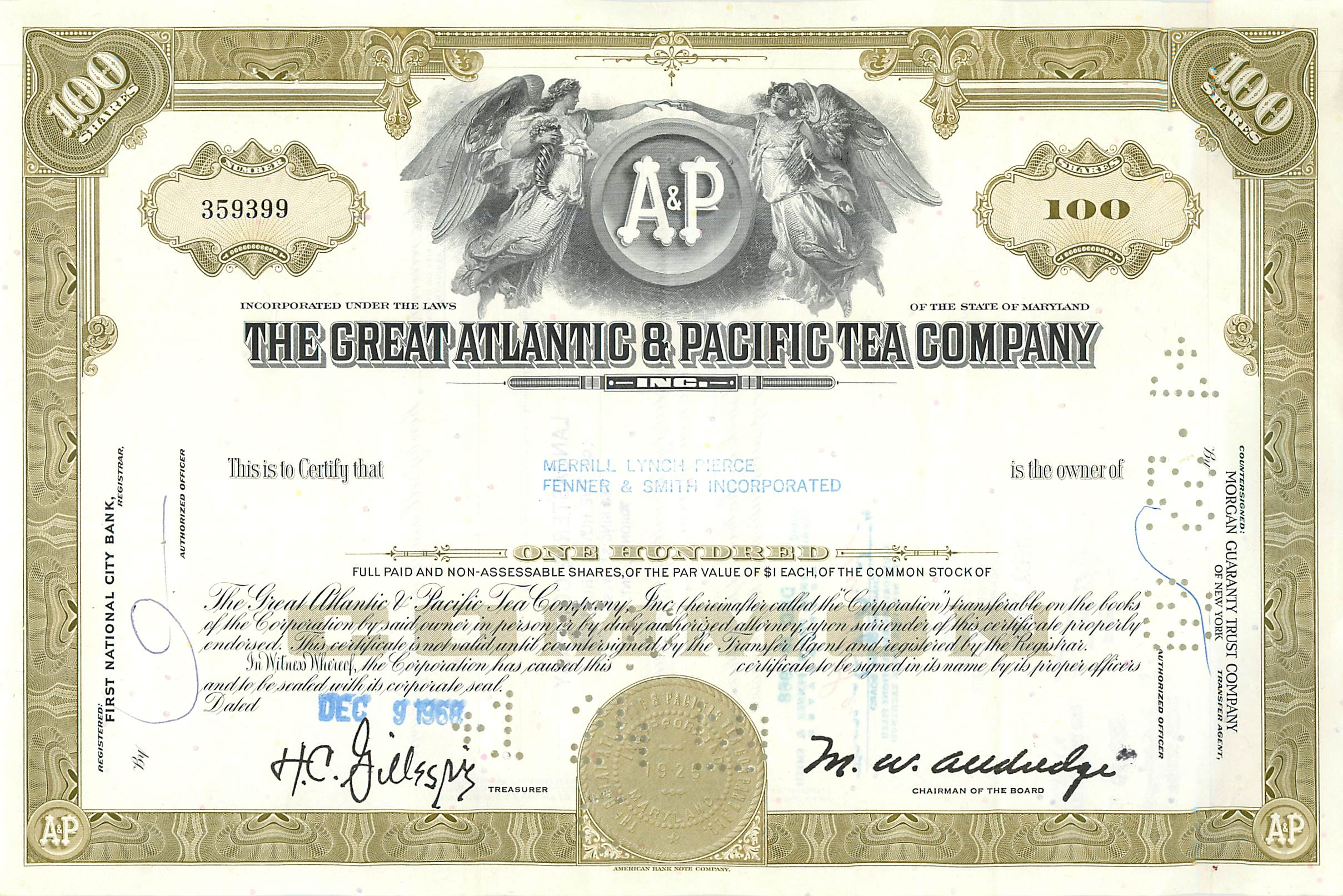Certificat de 100 actions de la Great Atlantic & Pacific Tea Company — éditeur Morgan Guaranty Trust Company