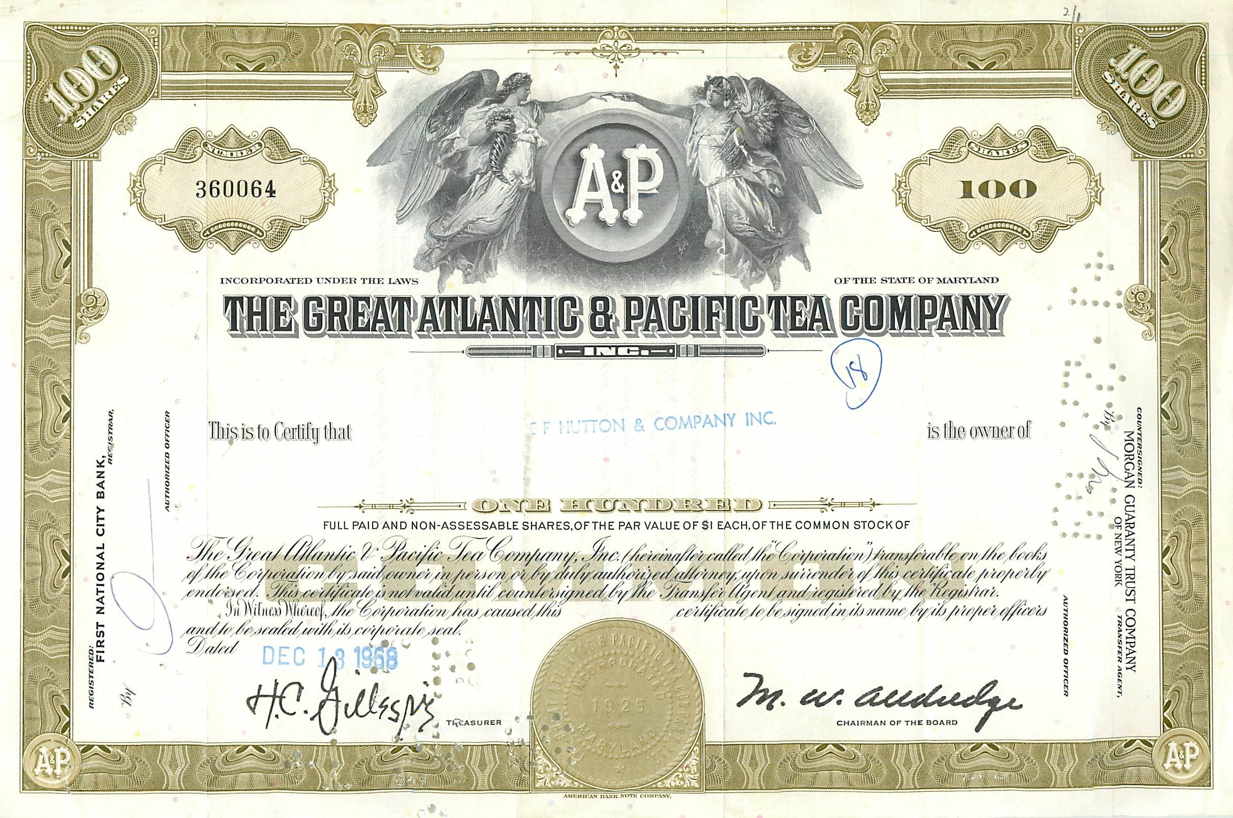 Aktie der Great Atlantic & Pacific Tea Company — 100 Aktien — Verlag First National City Bank