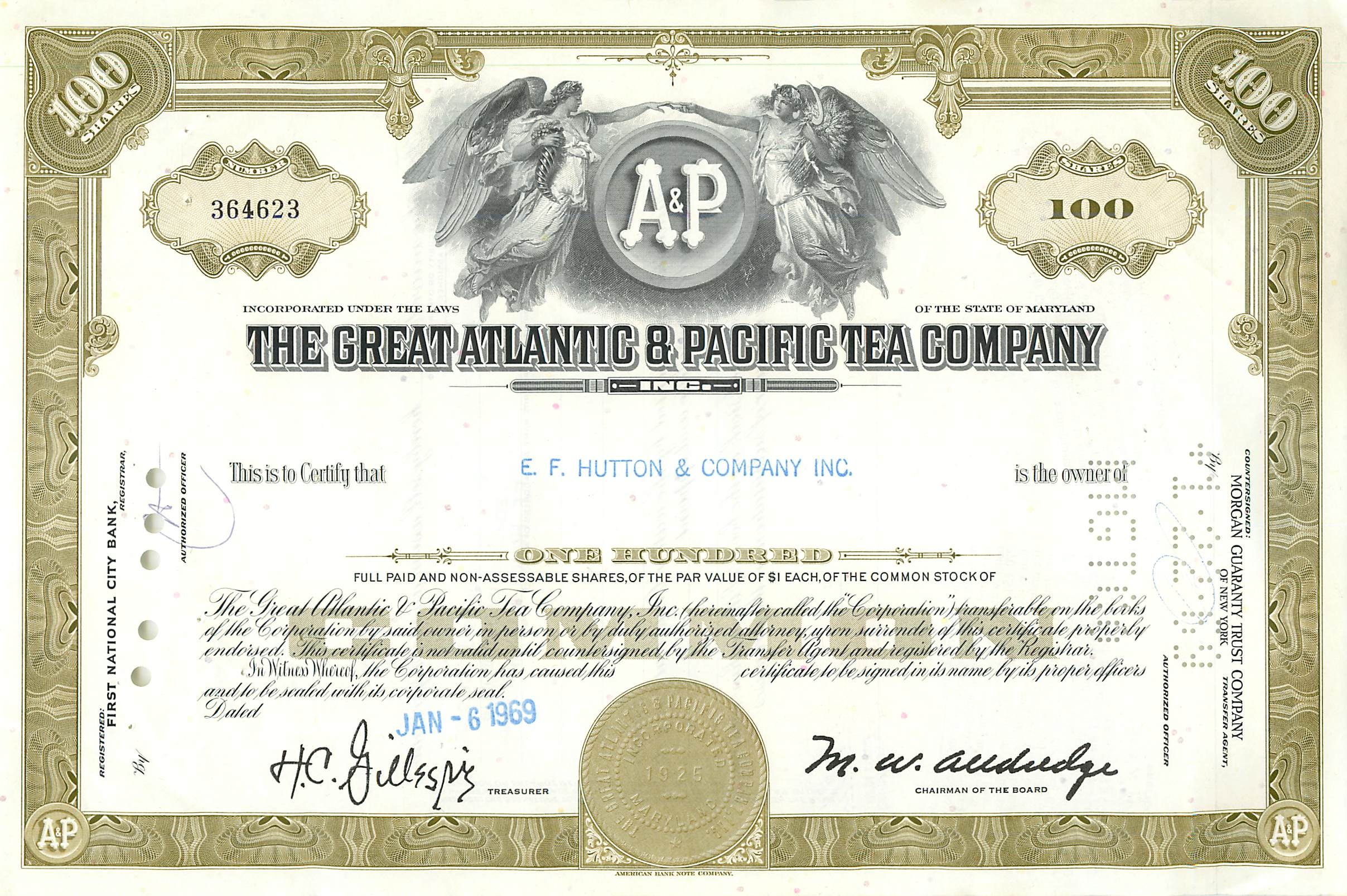 Certyfikat 100 akcji Great Atlantic & Pacific Tea Company — wydawca Morgan Guaranty Trust Company