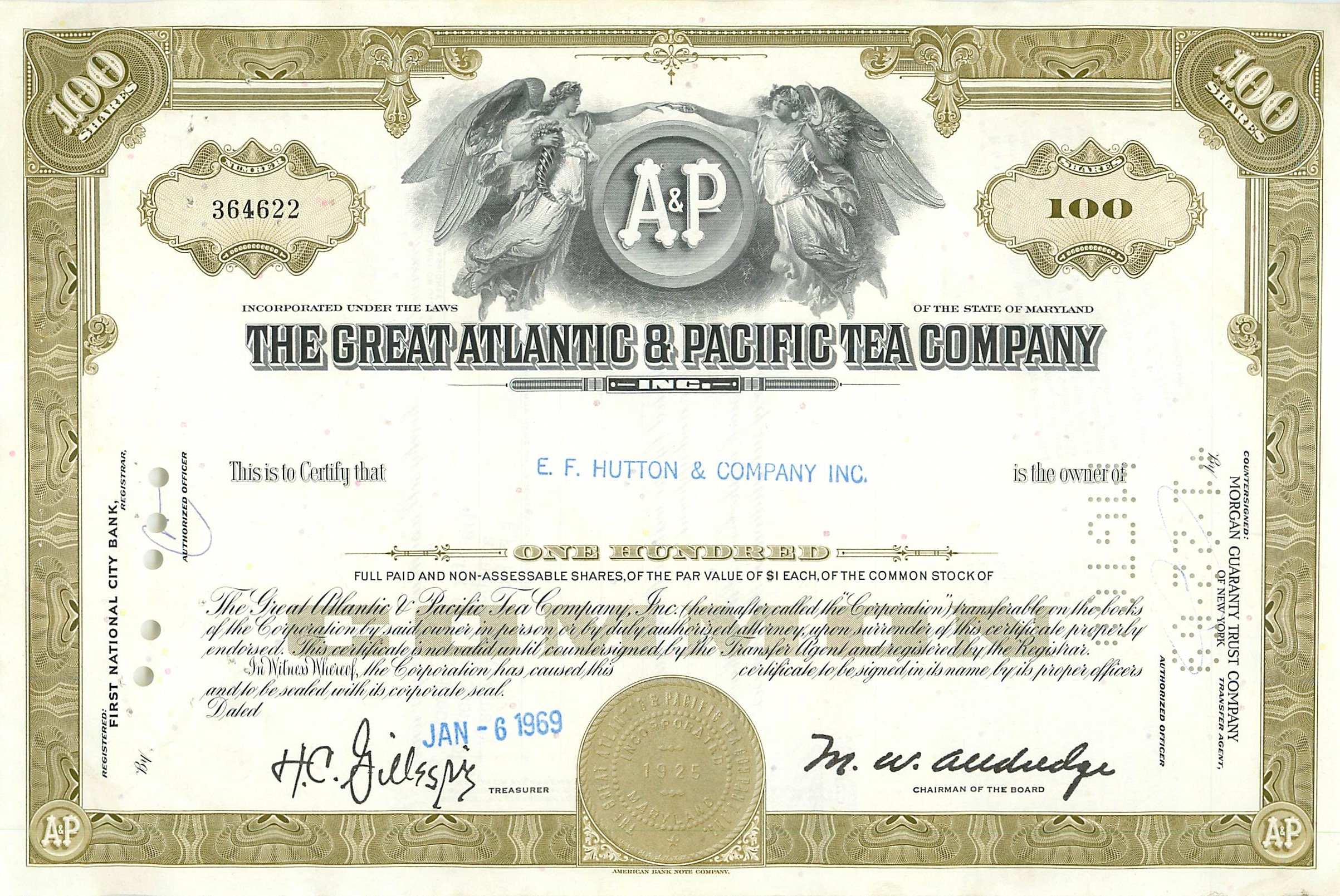 Action de la Great Atlantic & Pacific Tea Company — 100 actions — éditeur Morgan Guaranty Trust Company