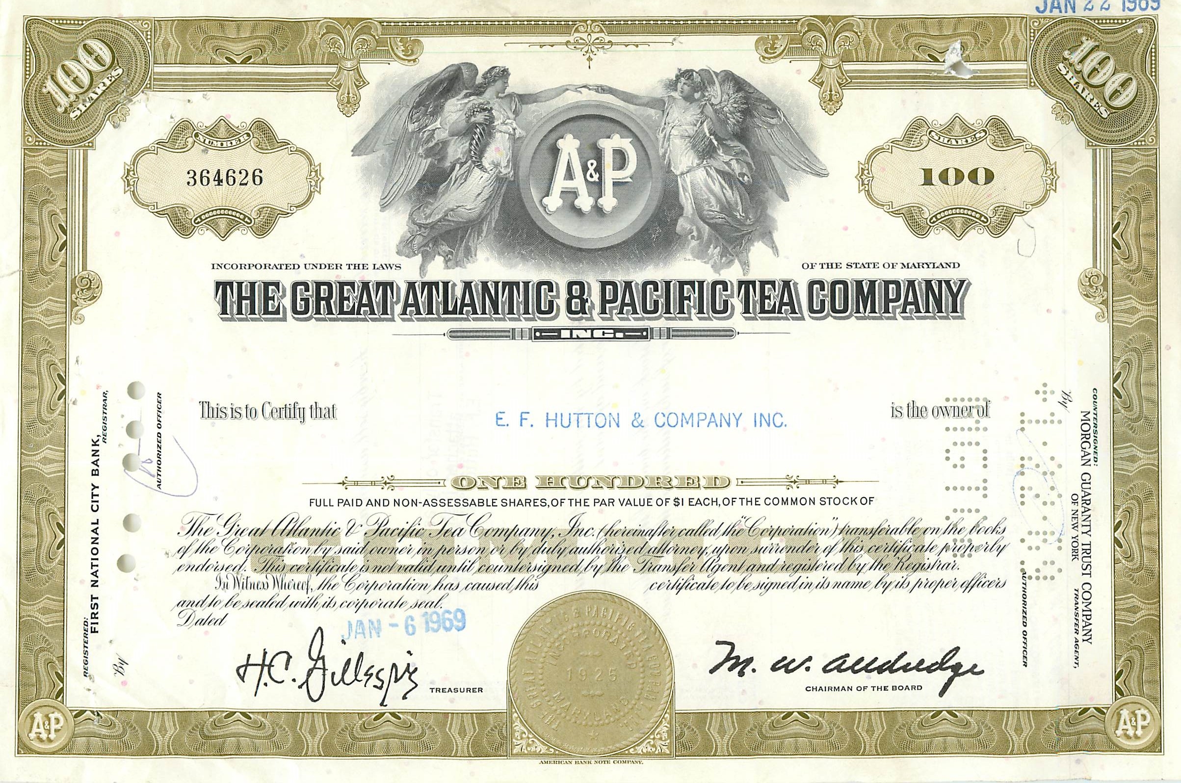 Certificat de 100 actions de la Great Atlantic & Pacific Tea Company — éditeur Morgan Guaranty Trust Company