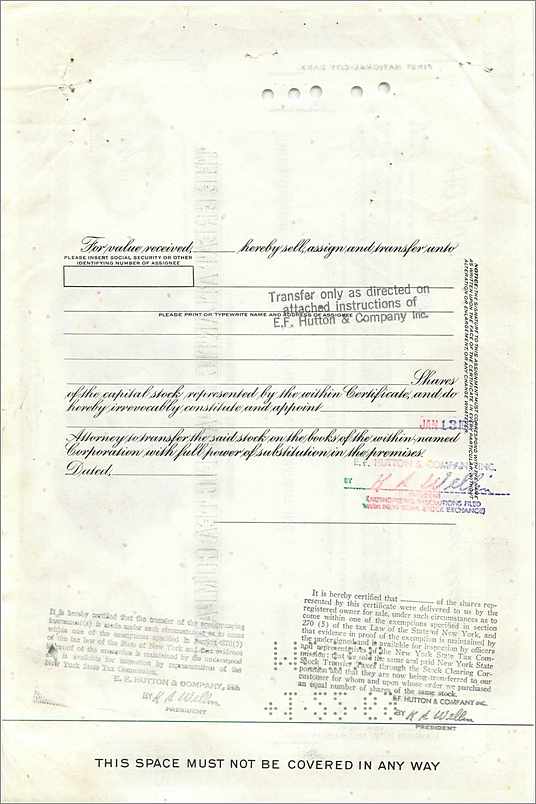Certificat de 100 actions de la Great Atlantic & Pacific Tea Company — éditeur Morgan Guaranty Trust Company — Back