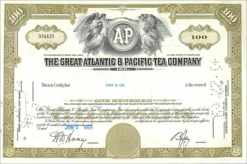 Acción de la Great Atlantic & Pacific Tea Company — 100 acciones — editor : Morgan Guaranty Trust Company