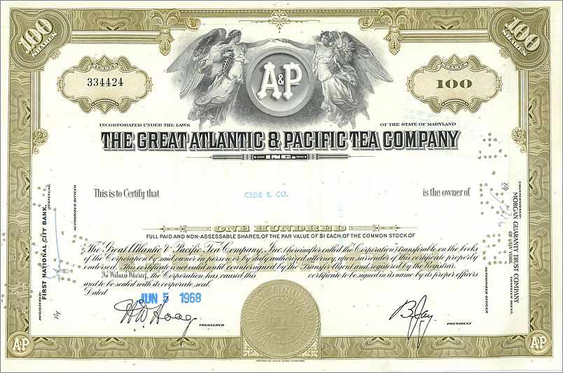 Azione della Great Atlantic & Pacific Tea Company — 100 azioni — editore First National City Bank