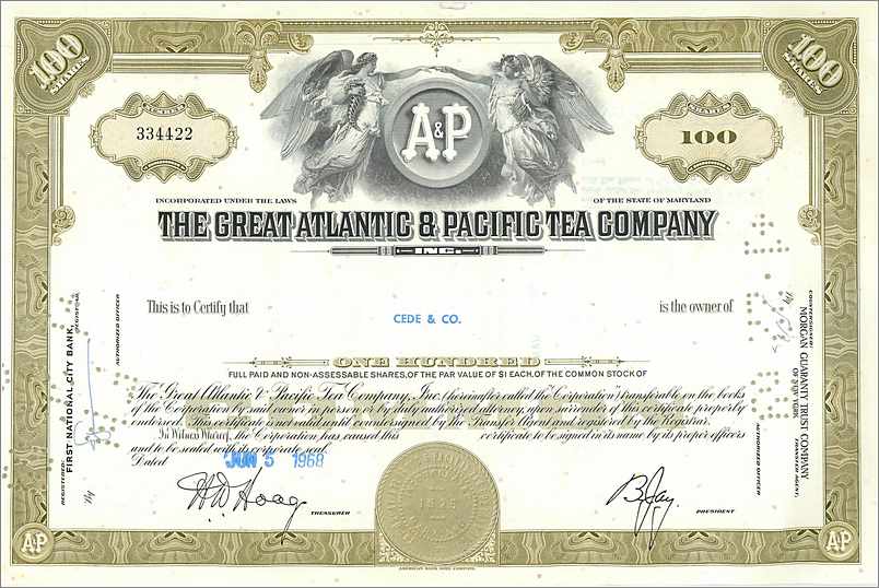 Action de la Great Atlantic & Pacific Tea Company — 100 actions — éditeur : First National City Bank