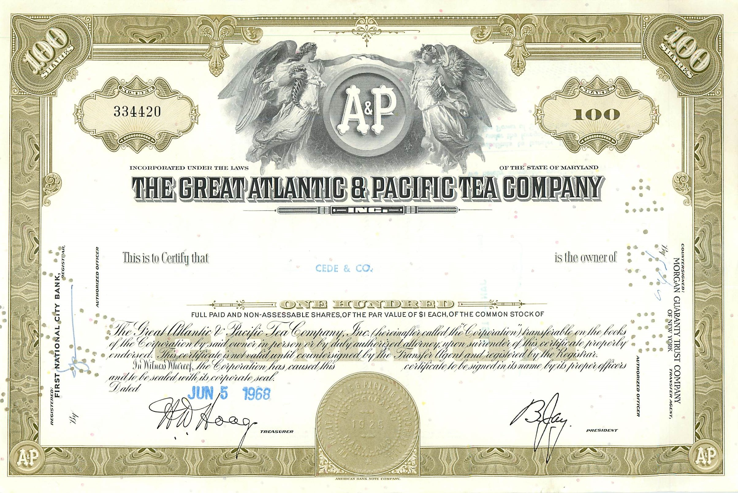 Action de la Great Atlantic & Pacific Tea Company — 100 actions — éditeur American Bank Note Company