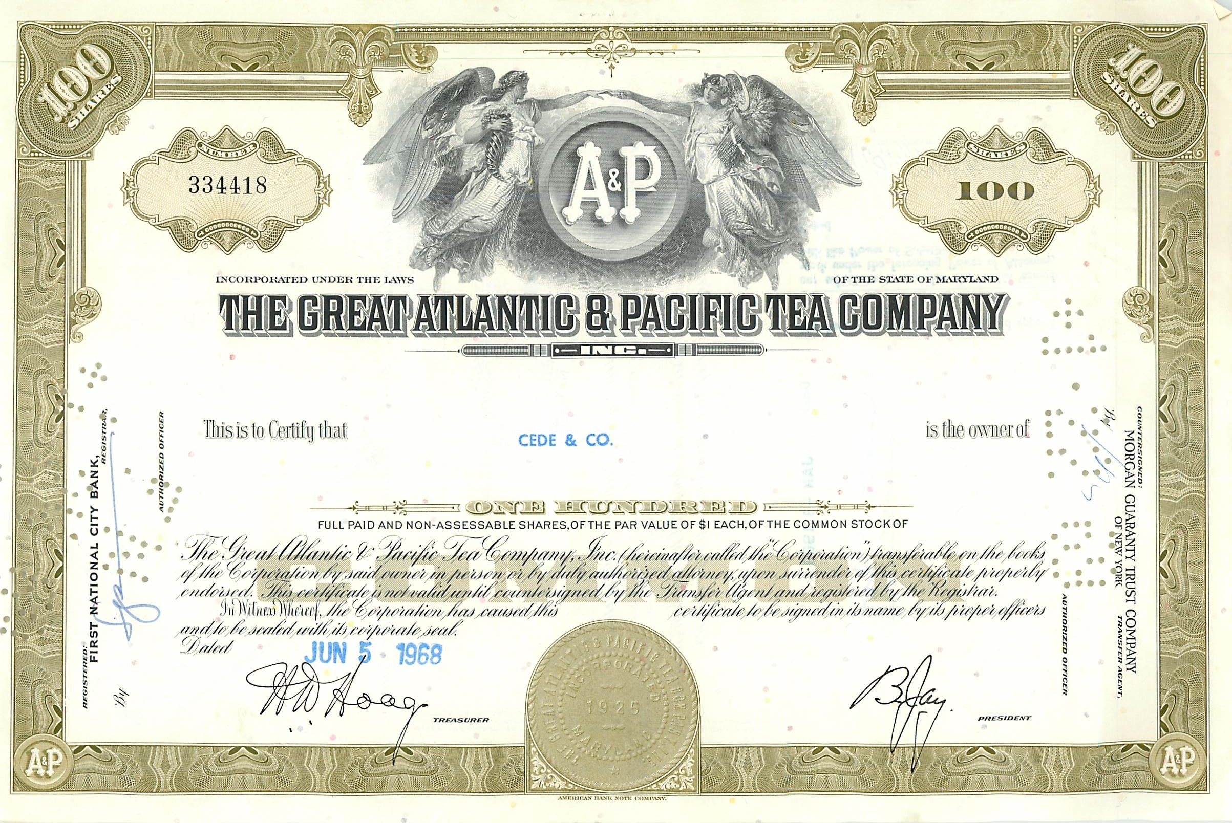 Action de la Great Atlantic & Pacific Tea Company — 100 actions — éditeur Morgan Guaranty Trust Company