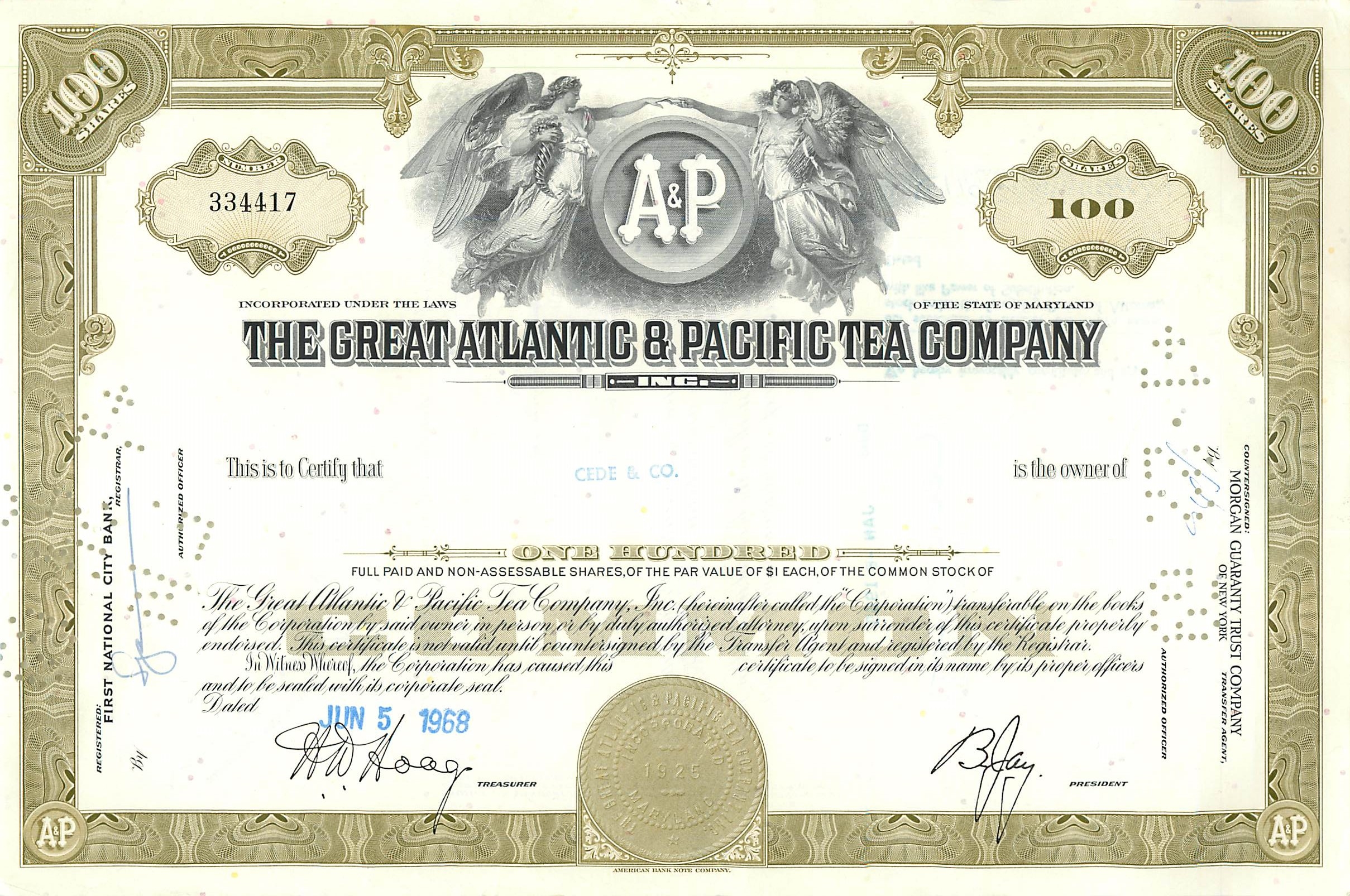 Certificato di 100 azioni della Great Atlantic & Pacific Tea Company — editore: American Bank Note Company