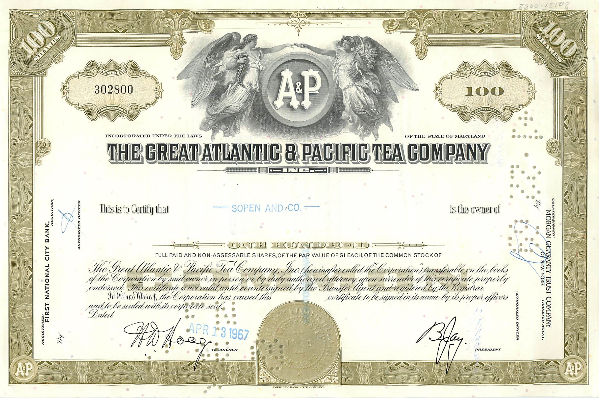 Certificato di 100 azioni della Great Atlantic & Pacific Tea Company — Sopen and Co. — editore Morgan Guaranty Trust Company