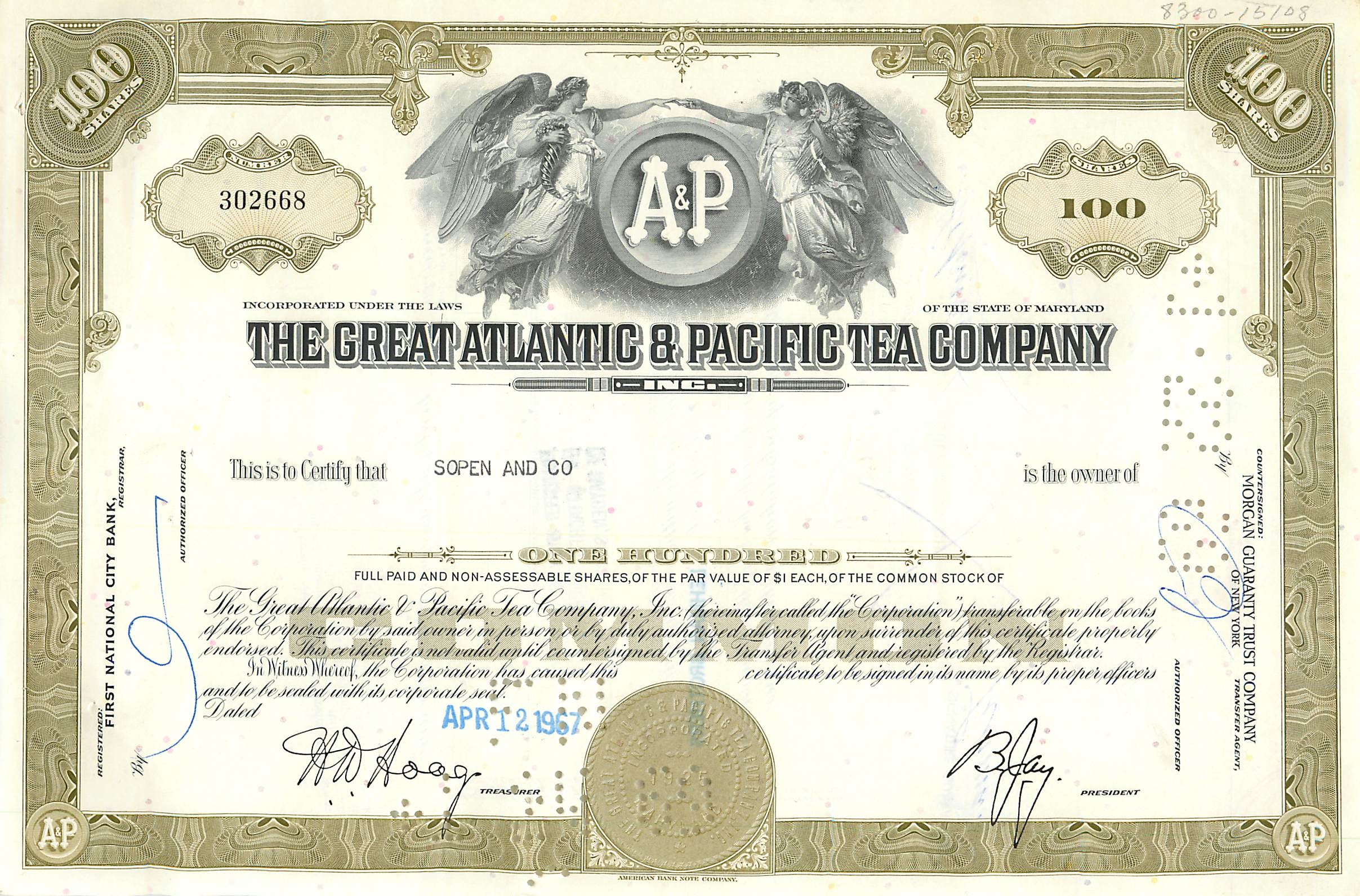 Certificaat van 100 aandelen van de Great Atlantic & Pacific Tea Company — Sopen and Co — n° 302668