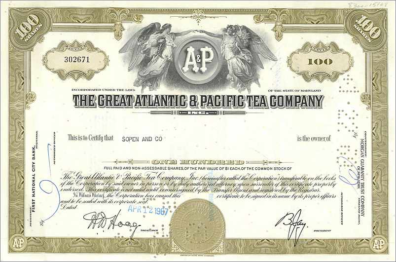 Certificato d'azioni della Great Atlantic & Pacific Tea Company — 100 azioni — editore First National City Bank
