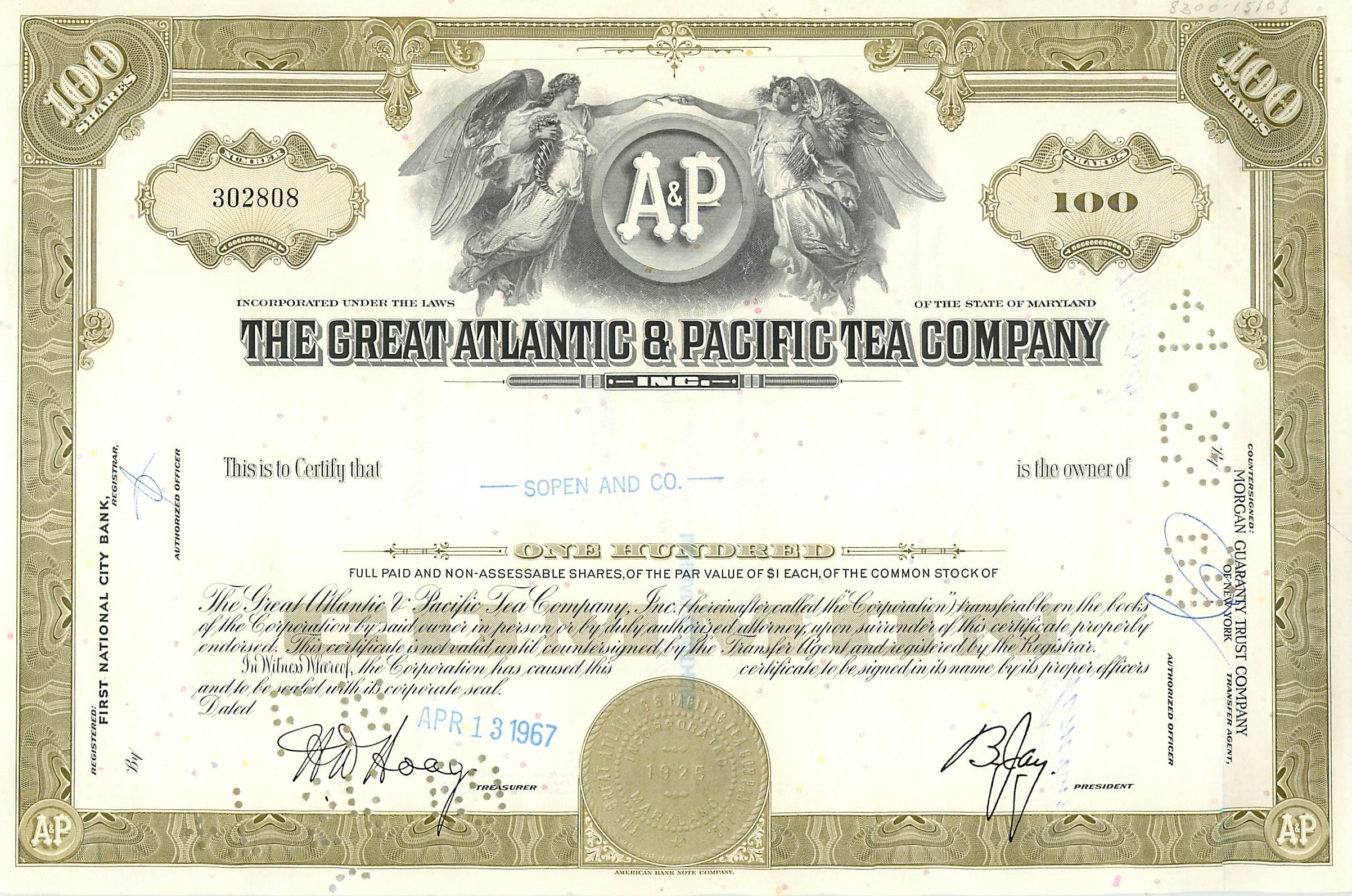 Certificato di 100 azioni della Great Atlantic & Pacific Tea Company — editore Morgan Guaranty Trust Company