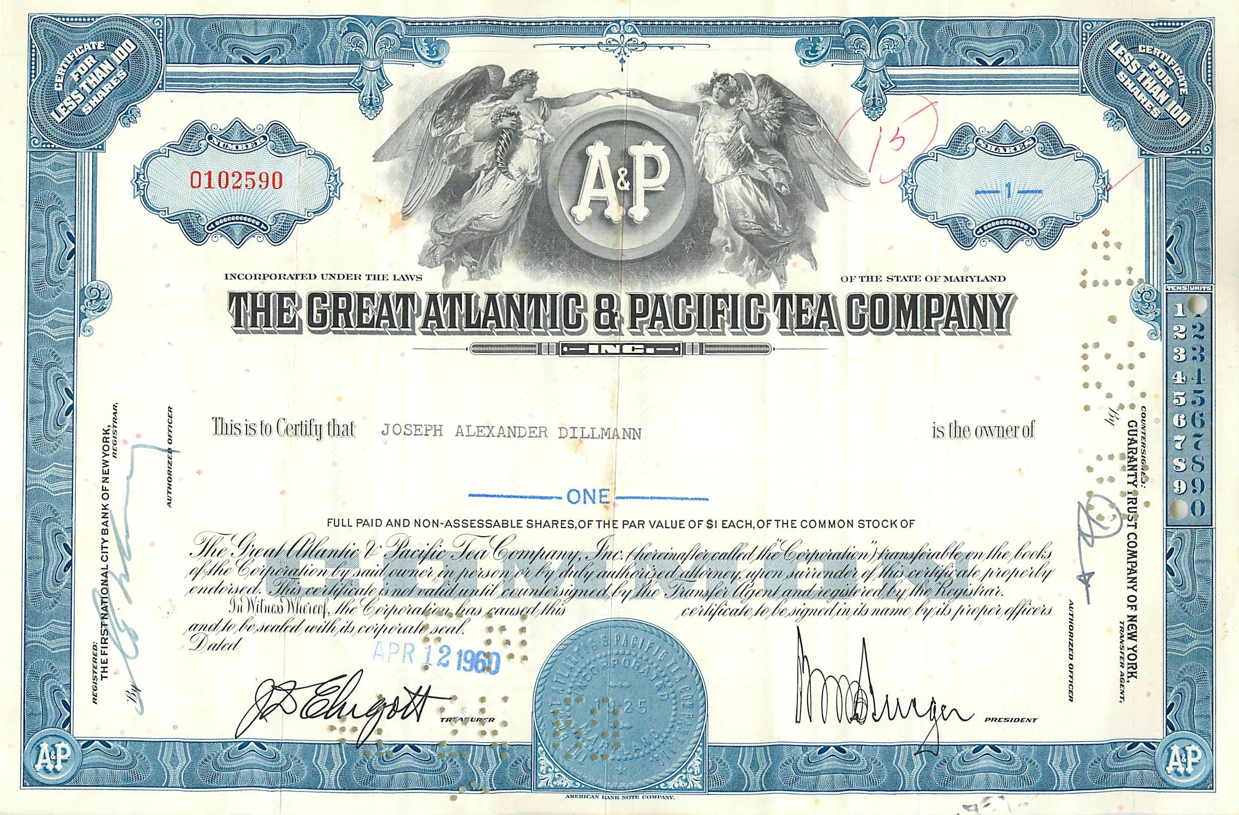 Aandelenbewijs van de Great Atlantic & Pacific Tea Company — Joseph Alexander Dillmann — serie 0102590