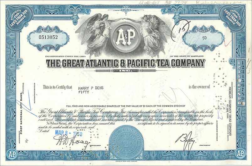 Zertifikat für 50 Aktien der Great Atlantic & Pacific Tea Company — Harry P. Devis — Kohlmeyer & Co.