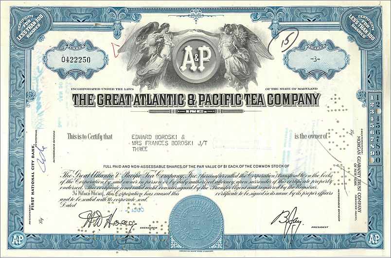 Certificato di azioni della Great Atlantic & Pacific Tea Company — editore First National City Bank, n° 0422250