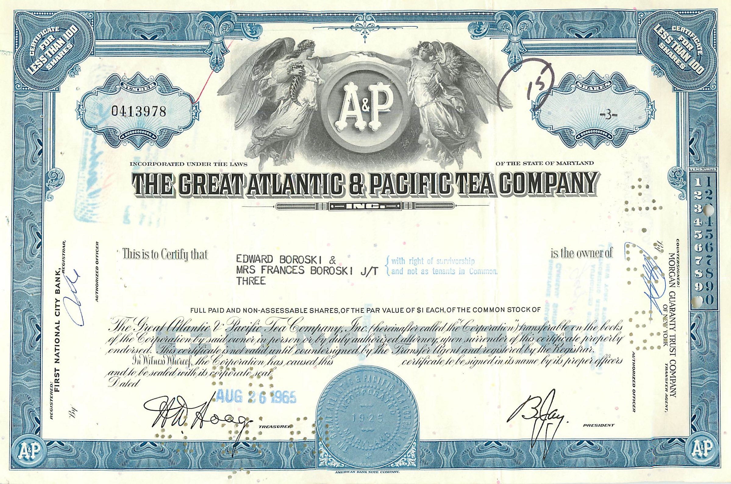 Certificato d'azione della Great Atlantic & Pacific Tea Company — editore Pershing & Co. e n° 0413978