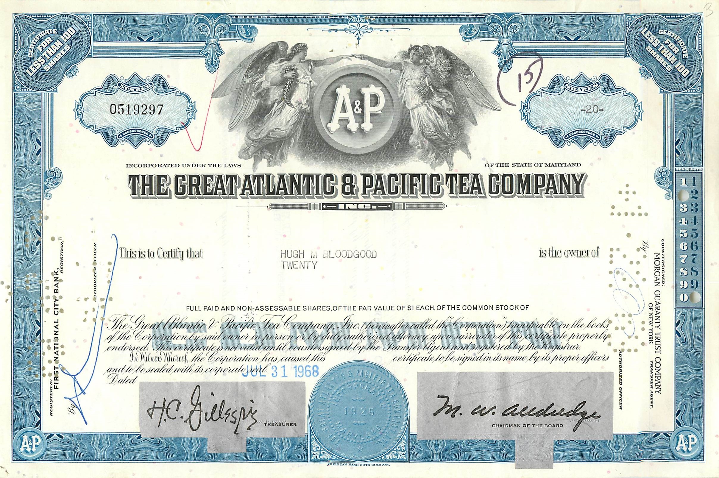 Azione della Great Atlantic & Pacific Tea Company — 20 azioni — editore Morgan Guaranty Trust Company
