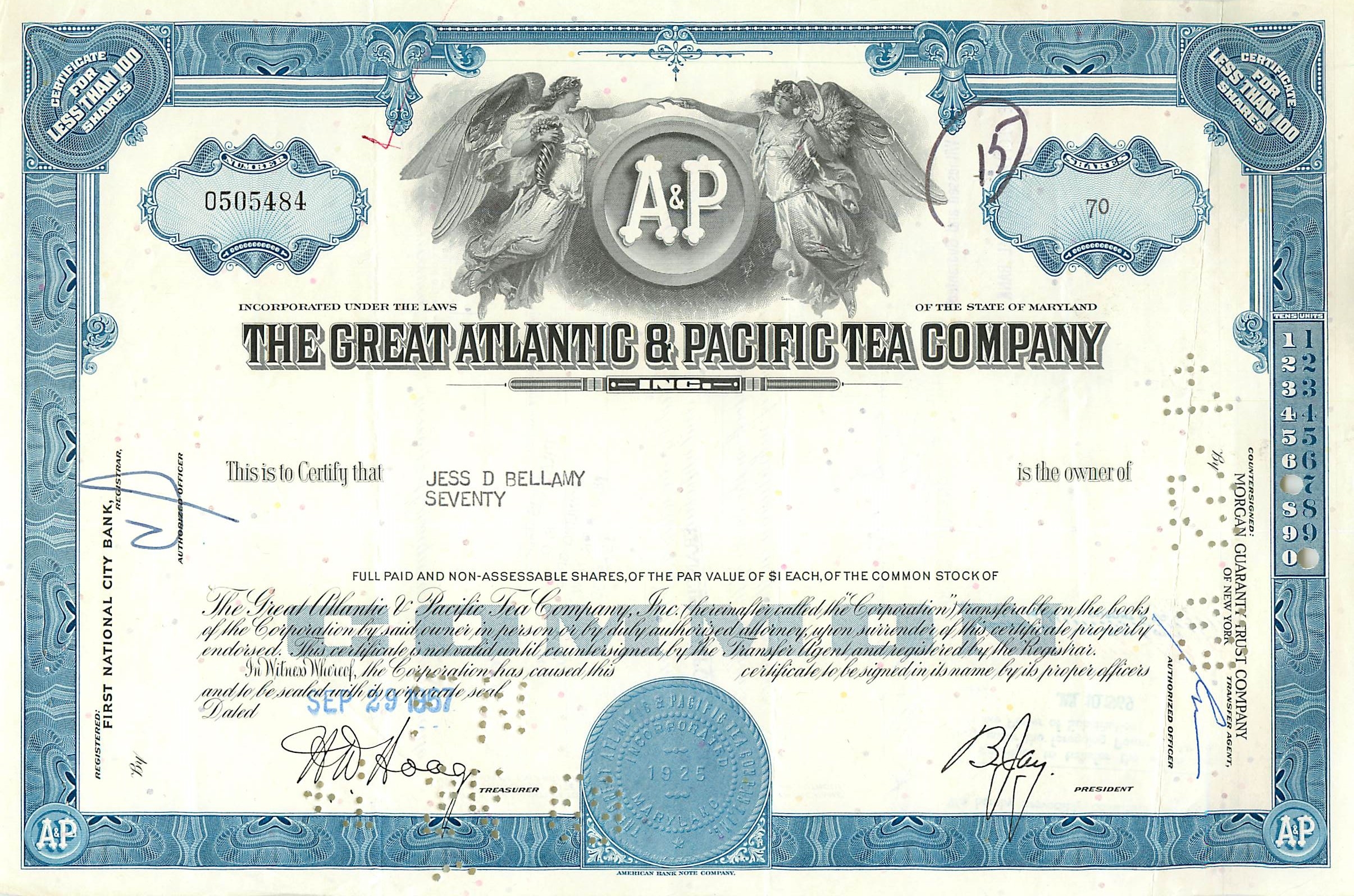 Action de la Great Atlantic & Pacific Tea Company — 70 actions — éditeur American Bank Note Company