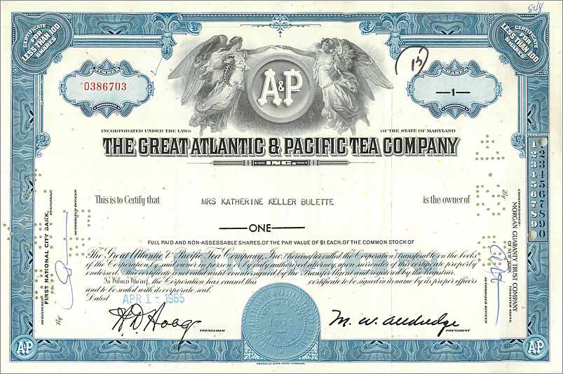 Action de la Great Atlantic & Pacific Tea Company — Mrs Katherine Keller Bulette — n° 0386703