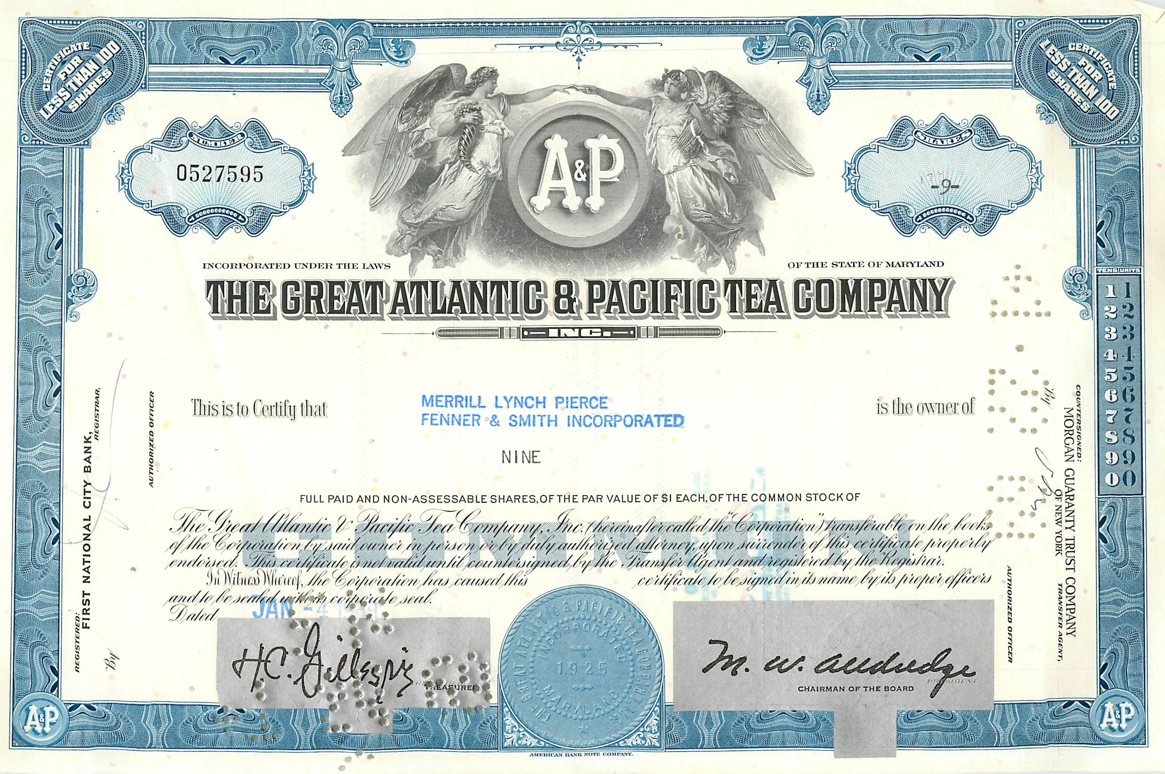 Certificat de parts de la Great Atlantic & Pacific Tea Company — Merrill Lynch Pierce Fenner & Smith Incorporated