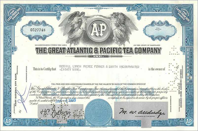 Certificat de parts de la Great Atlantic & Pacific Tea Company — Merrill Lynch Pierce Fenner & Smith — n° 0527748