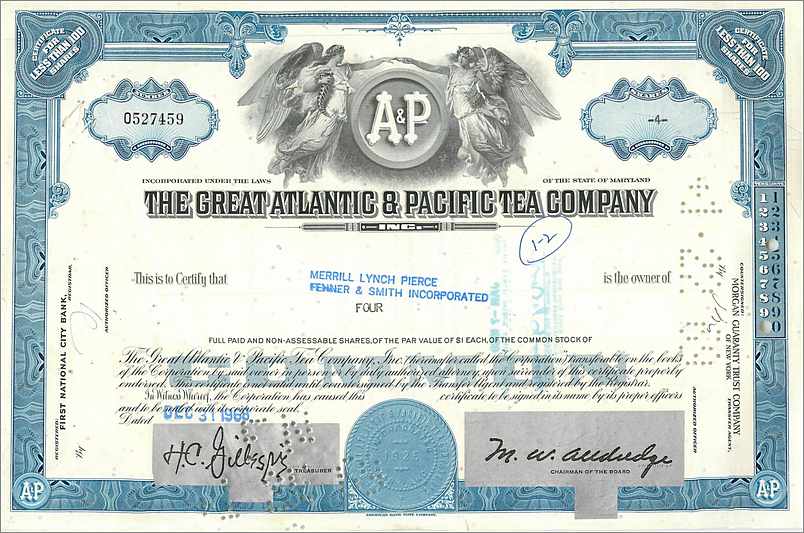 Certificat de parts de la Great Atlantic & Pacific Tea Company — éditeur First National City Bank, n° 0527459