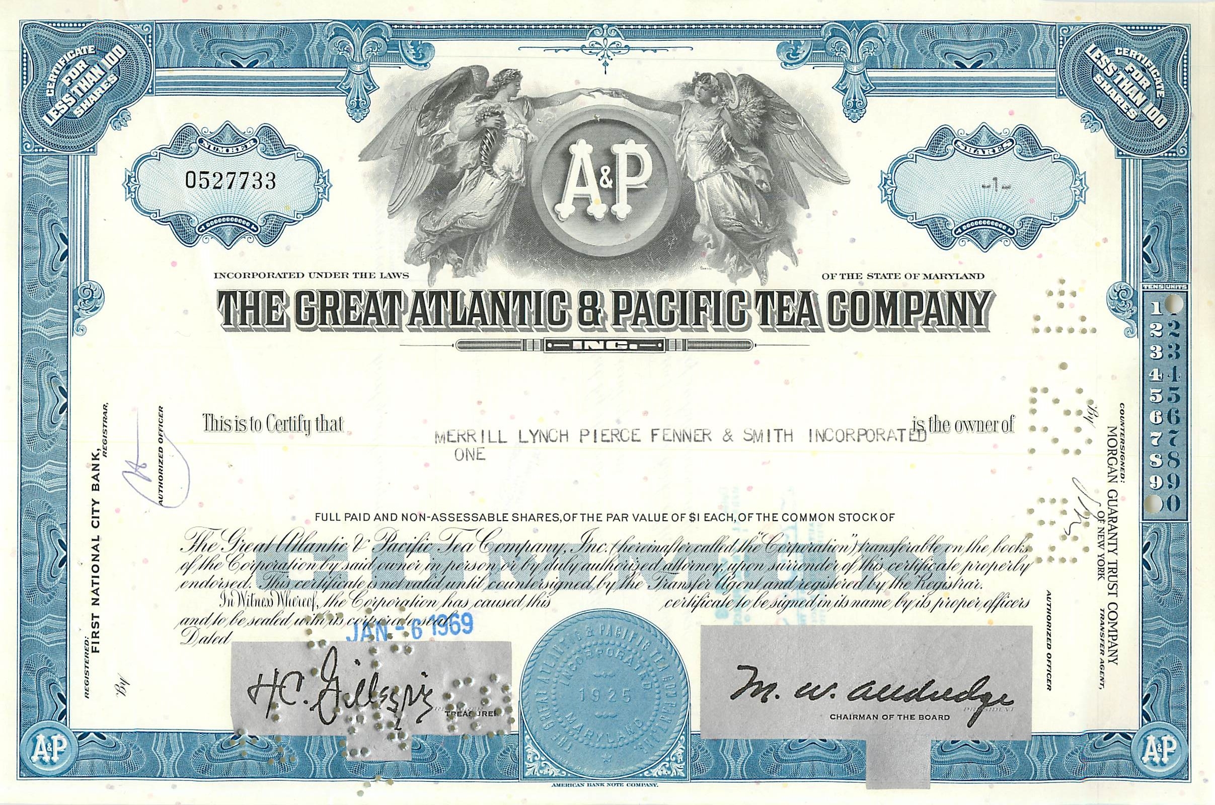 Certificat de parts de la Great Atlantic & Pacific Tea Company — série 0527733 — éditeur Morgan Guaranty Trust Company