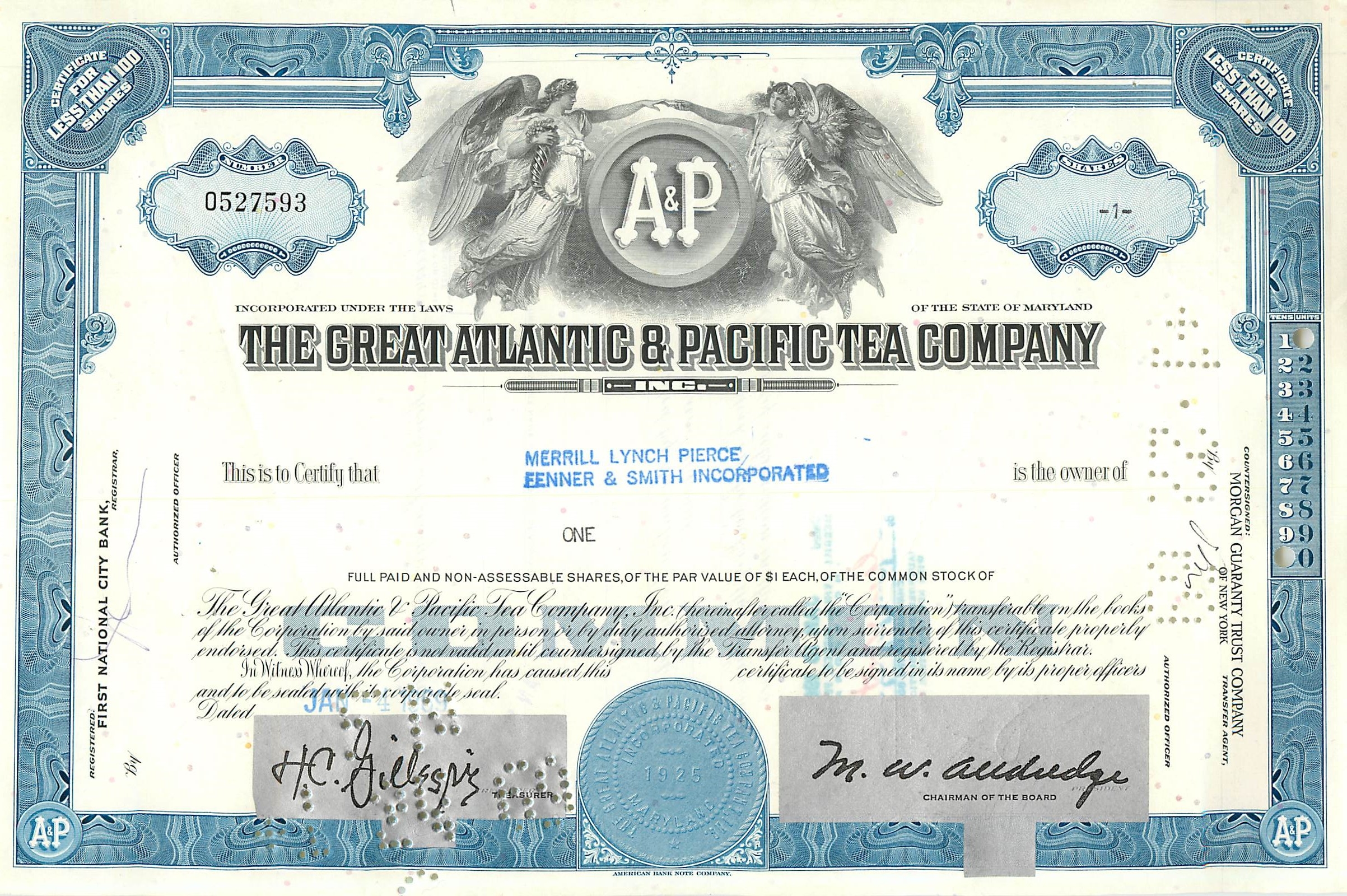 Certificado de acciones de la Great Atlantic & Pacific Tea Company — serie 1, n° 0527593 — editor: American Bank Note Company