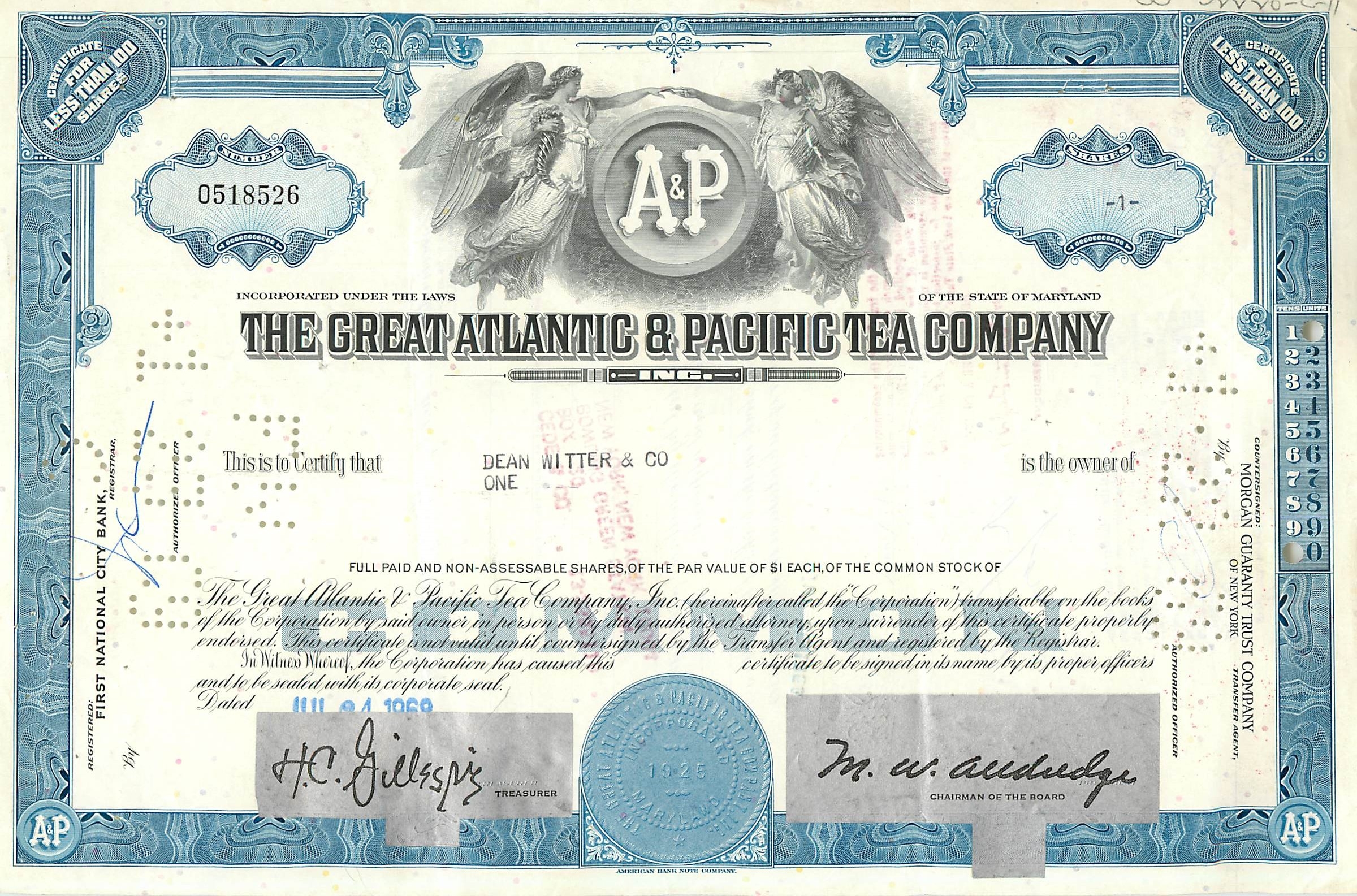 Certificat de parts de la Great Atlantic & Pacific Tea Company — éditeur Morgan Guaranty Trust Company