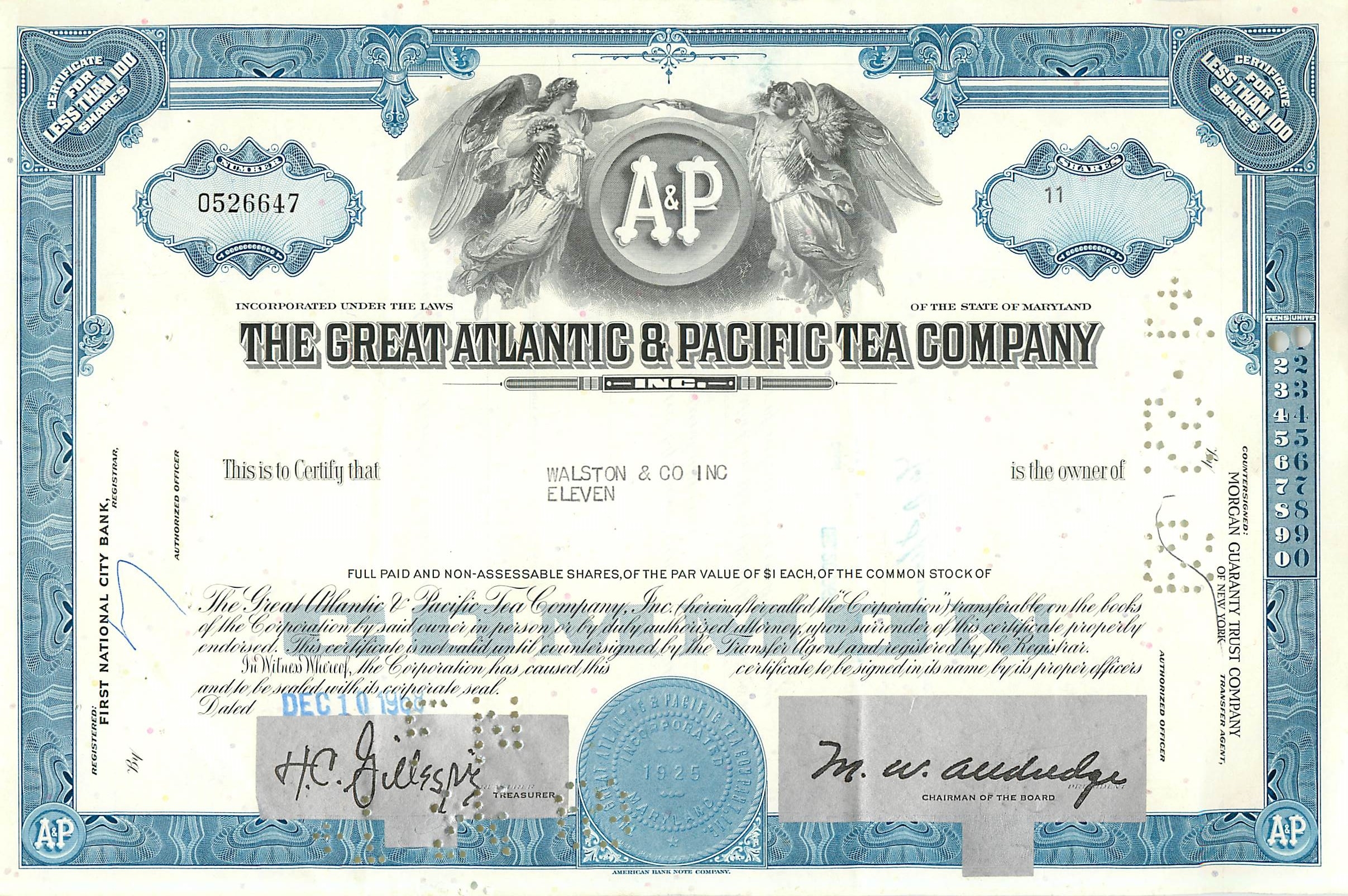 Certificat de parts de la Great Atlantic & Pacific Tea Company — éditeur Morgan Guaranty Trust Company