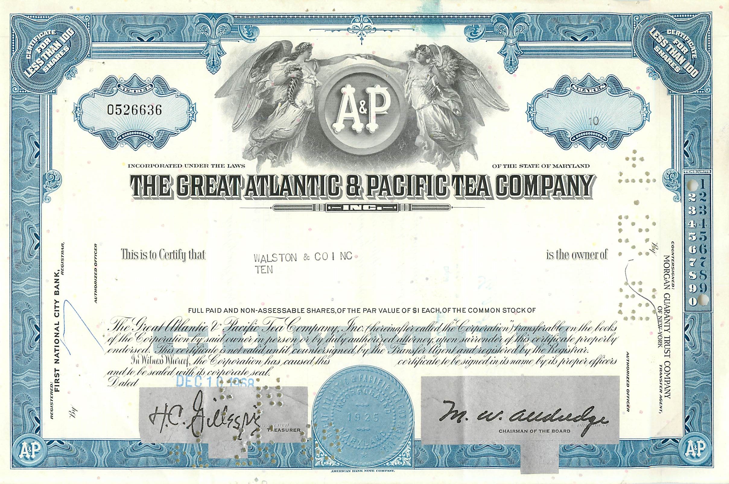 Certificat de parts de la Great Atlantic & Pacific Tea Company — série 10 — éditeur Morgan Guaranty Trust Company