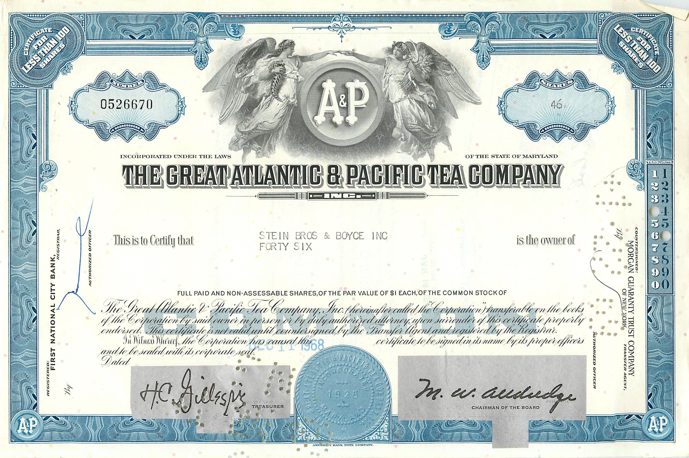 Certificato di azioni della Great Atlantic & Pacific Tea Company — Stein Bros & Boyce Inc — n° 0526670